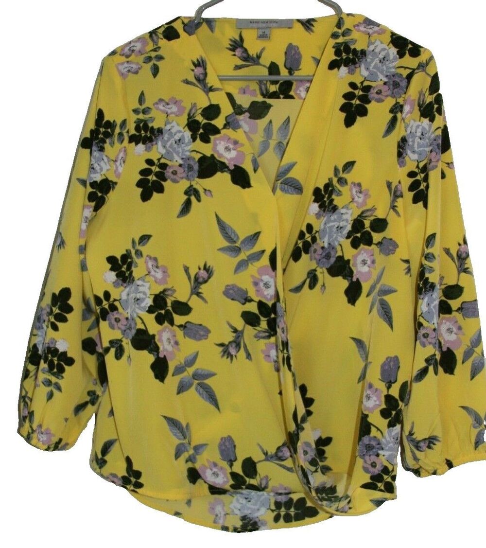 Andrew Marc Top Medium Yellow Purple Womens Floral 3/4 Sleeve